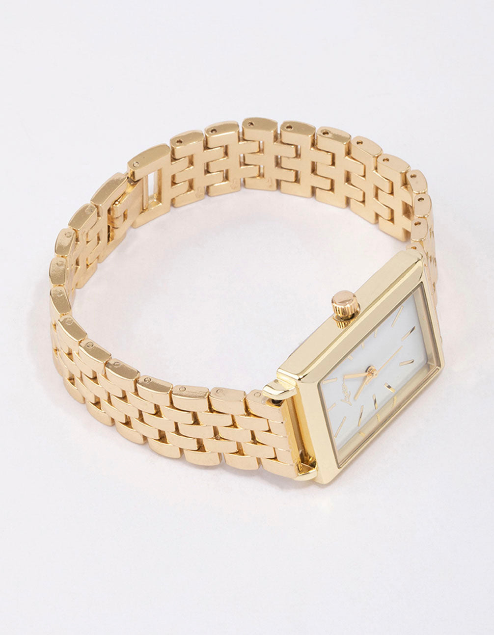 Presenting a rectangular woven watch in white dial, women's formal analog timepiece, link band strap in gold front view