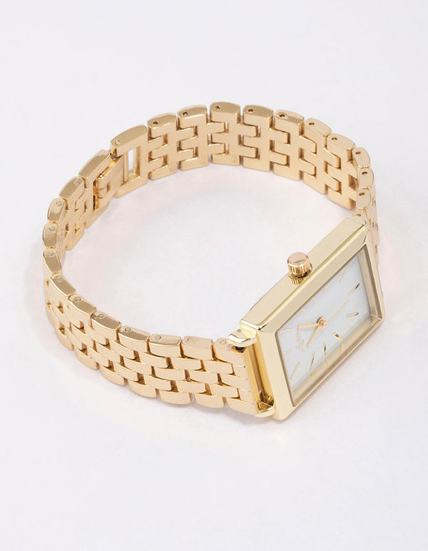 Presenting a rectangular woven watch in white dial, women's formal analog timepiece, link band strap in gold front view