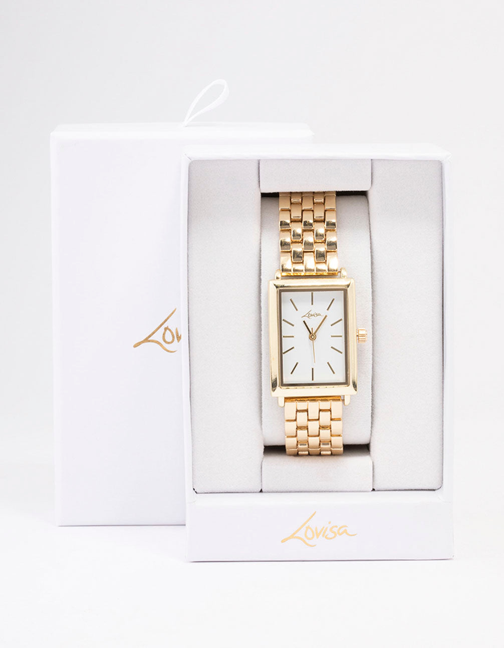 Showcasing a rectangular woven watch with white dial, women's formal analog design, link band strap in gold case detail view