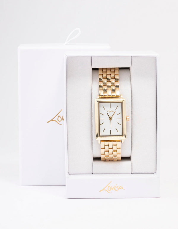 Showcasing a rectangular woven watch with white dial, women's formal analog design, link band strap in gold case detail view