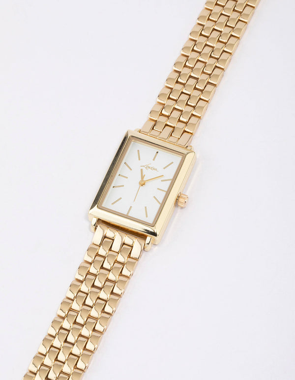 Featuring a rectangular woven watch with white dial, designed for women, formal occasion, analog type, link band strap in gold watch face detail view
