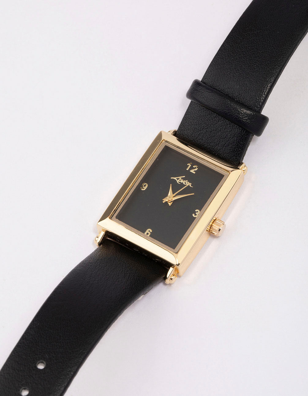 Elegant gold and black faux leather rectangular watch featuring numbers detailing, designed for women for formal occasions with analog display watch face detail view
