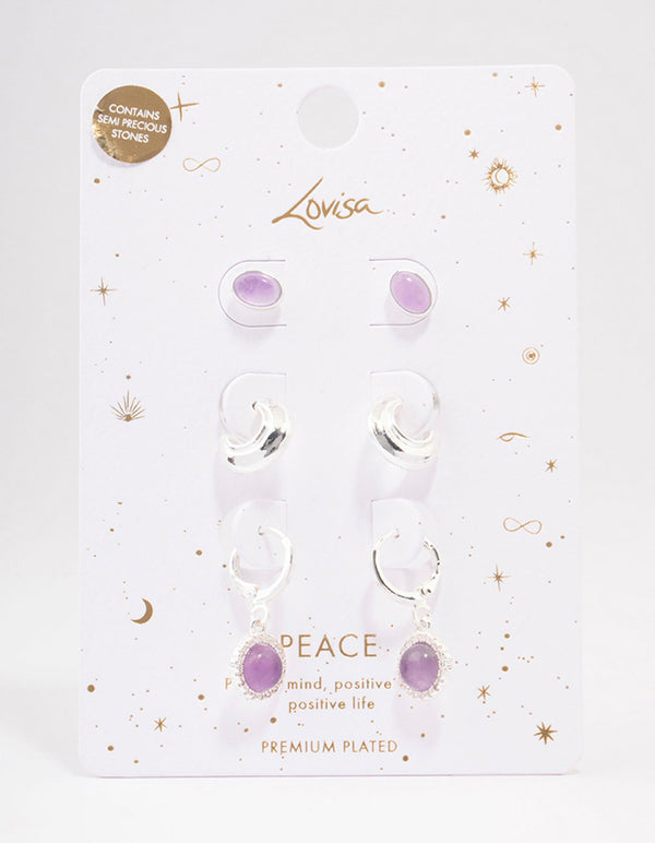 Silver Plated Round Amethyst Earring 3-Pack