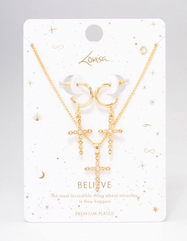 Gold Plated Textured Cubic Zirconia Cross Necklace & Earring Jewellery Set