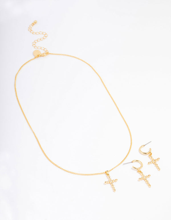 Gold Plated Textured Cubic Zirconia Cross Necklace & Earring Jewellery Set