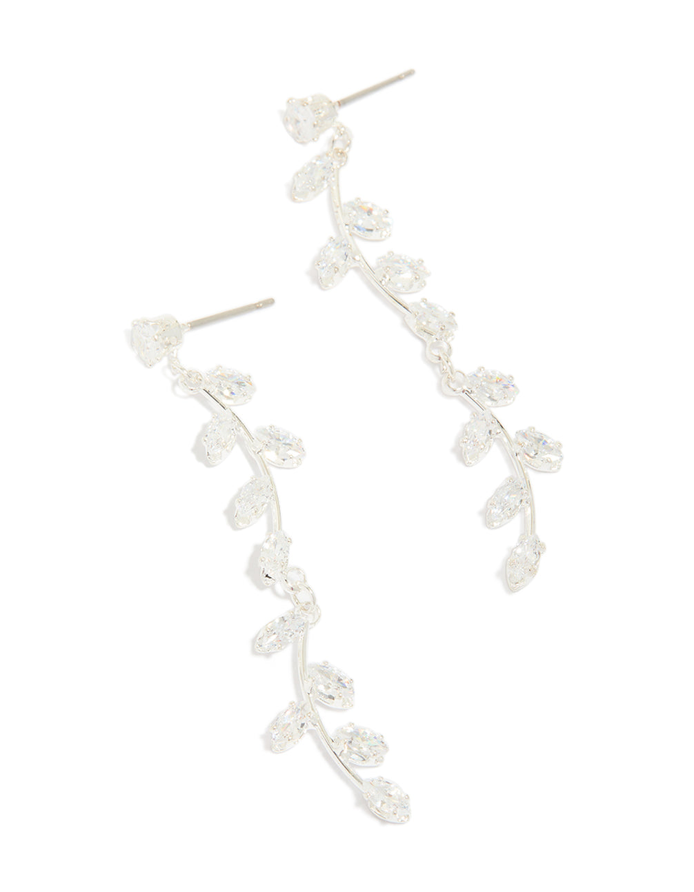 Showcasing dainty long swirling cubic zirconia vine drop earrings with leaf accents crafted from silver plated material front view