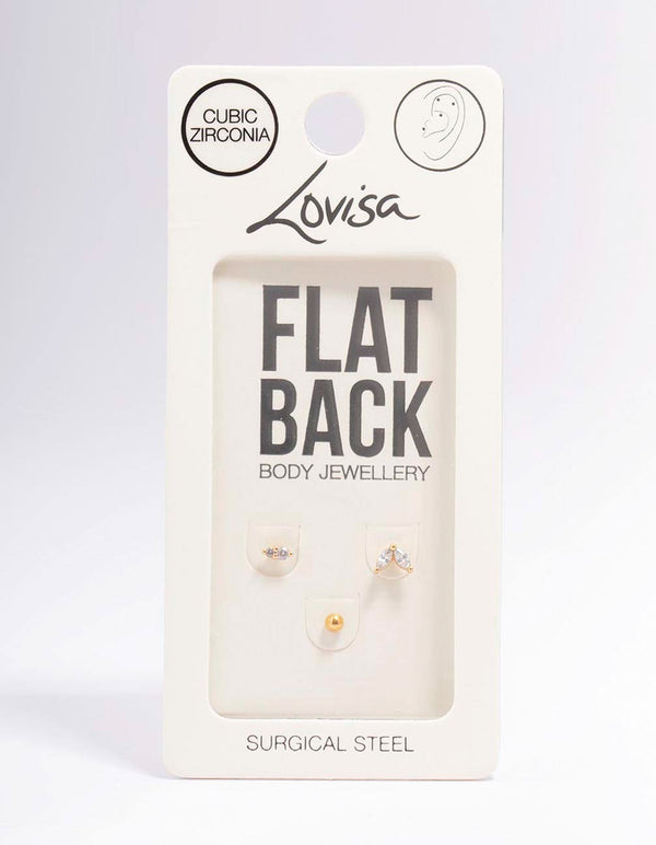Gold Plated Surgical Steel Cubic Zirconia Double Marquise Flat Back 3-Pack