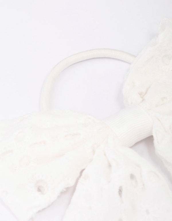 White Embroidered Bow Hair Scrunchie