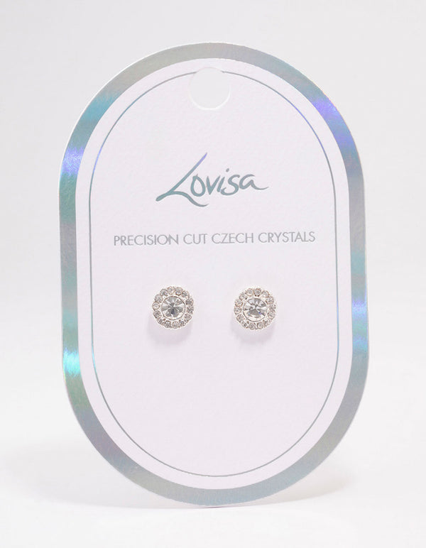 Silver Embellished Crystal Halo Stud Earrings
