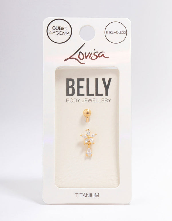 Gold Plated Titanium Cubic Zirconia Flower Pear Belly Piercing