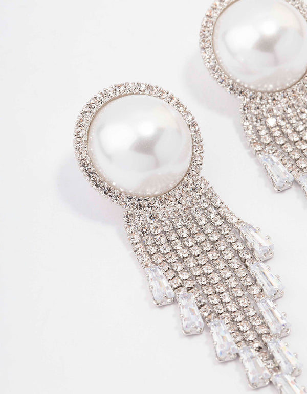 Silver Oversized Pearl Cup Chain Diamante Earrings