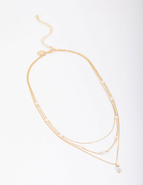 Gold Plated Brass Trio Pearl Baguette Layered Necklace