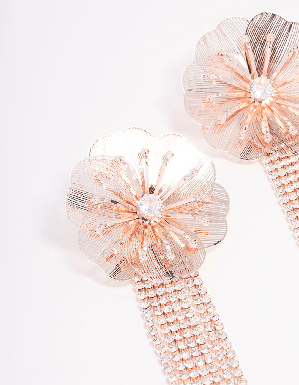 Rose Gold Flower Diamante Cup Chain Drop Earrings