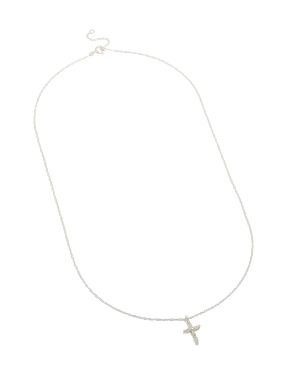 Explore this dainty sterling silver cross pendant necklace with marquise cut cubic zirconia in elegant design front view