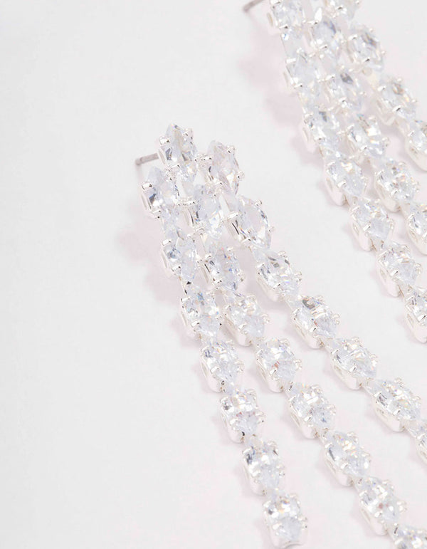 Silver Triple Layer Cubic Zirconia Cup Chain Drop Earrings