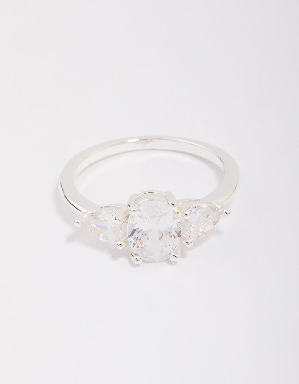 Beautiful silver plated oval enchanting ring with stone cut accents front view