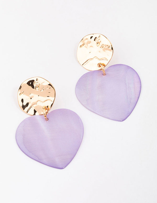 Gold & Lilac Genuine Shell Iridescent Heart Drop Earrings