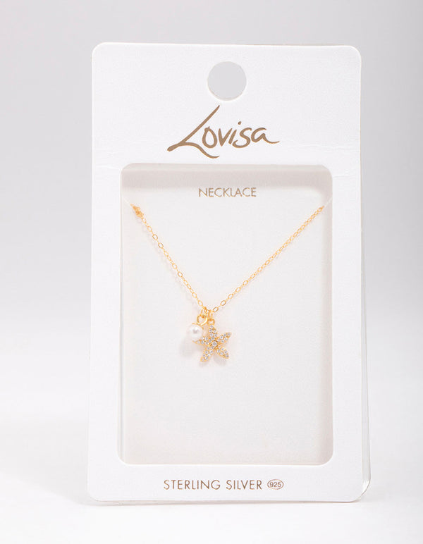 Gold Plated Sterling Silver Starfish Freshwater Pearl Chain Necklace