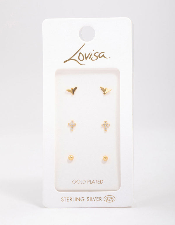 Gold Plated Sterling Silver Bird & Rose Stud Earring 3-Pack
