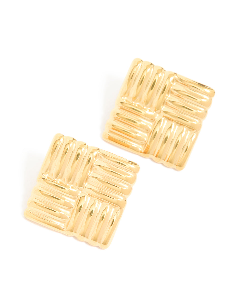 Crafted from waterproof gold plated stainless steel square ribbed stud earrings in statement style front view