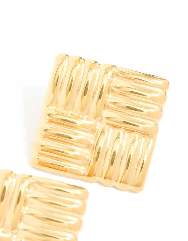 Waterproof Gold Plated Stainless Steel Square Ribbed Stud Earrings