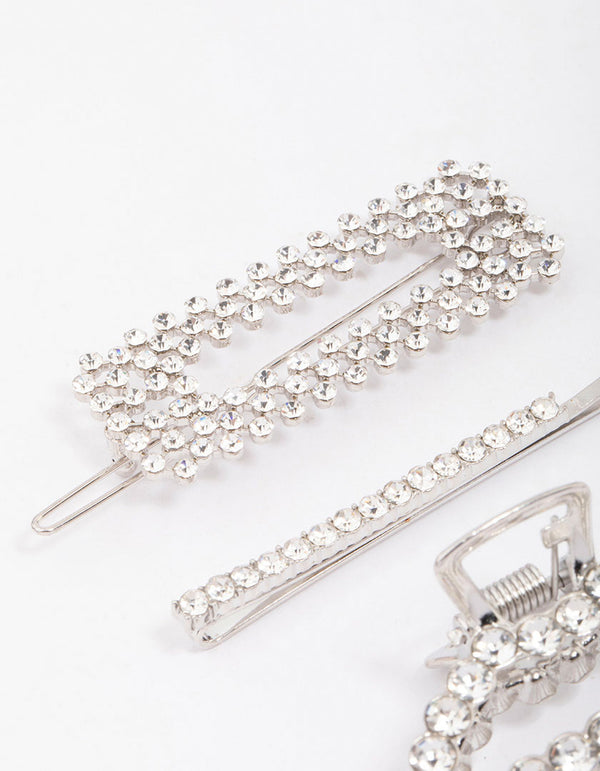 Silver Mixed Diamante Hair Claw Clip 3-Pack