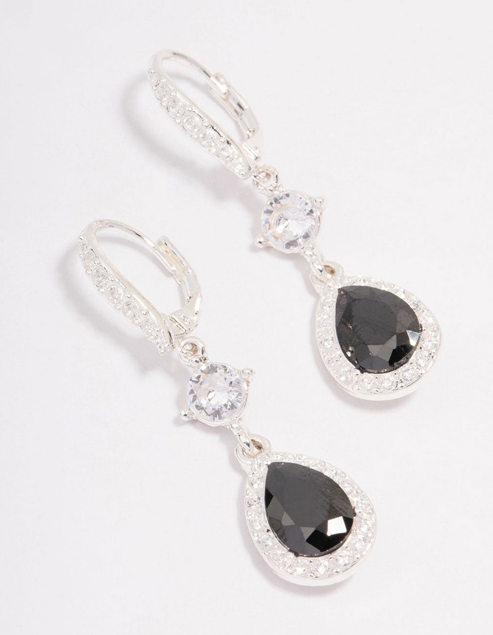 Silver Cubic Zirconia Black Pear Huggie Hoop Earrings