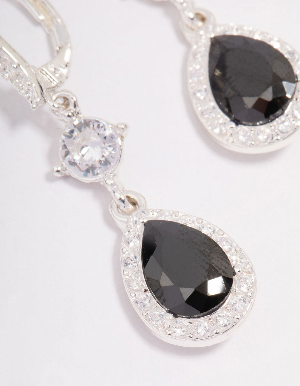 Silver Cubic Zirconia Black Pear Huggie Hoop Earrings