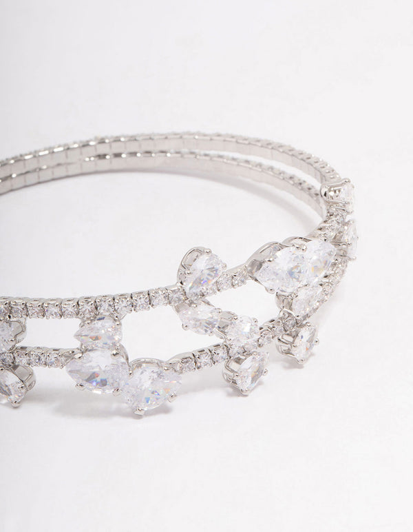 Silver Cubic Zirconia Leaf Layered Bangle