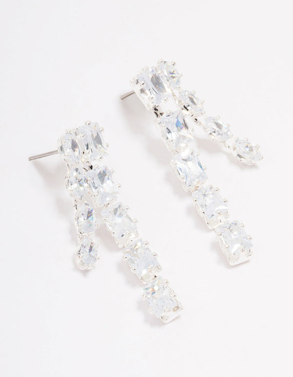 Silver Multi Cubic Zirconia Stone Cup Chain Drop Earrings