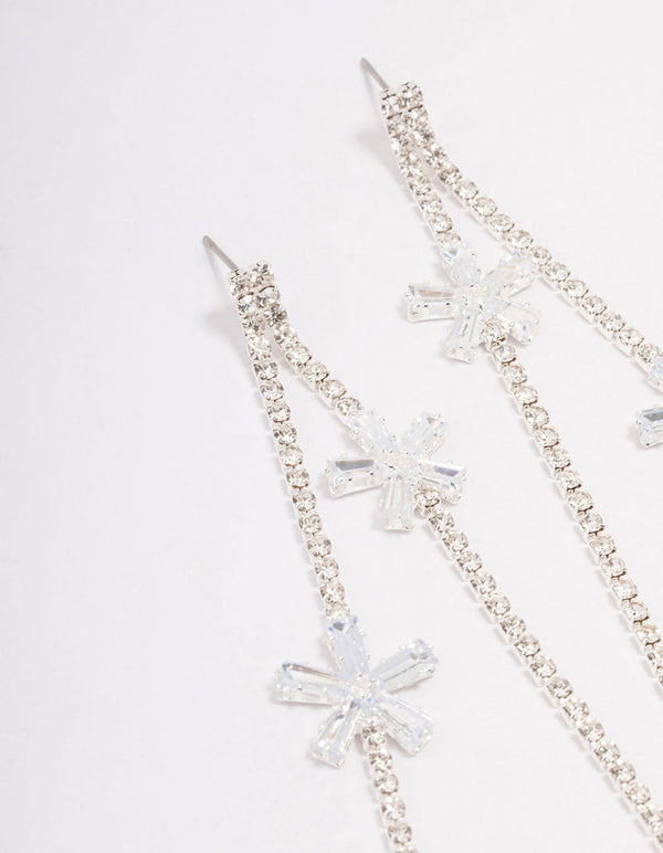 Silver Cubic Zirconia Flower Drop Earrings