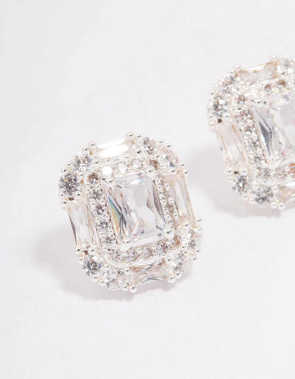 Silver Multi Cubic Zirconia Square Stone Stud Earrings