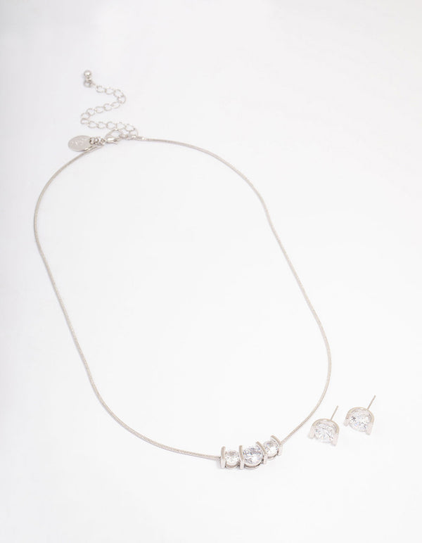Silver Triple Diamante Necklace & Earring Jewellery Set