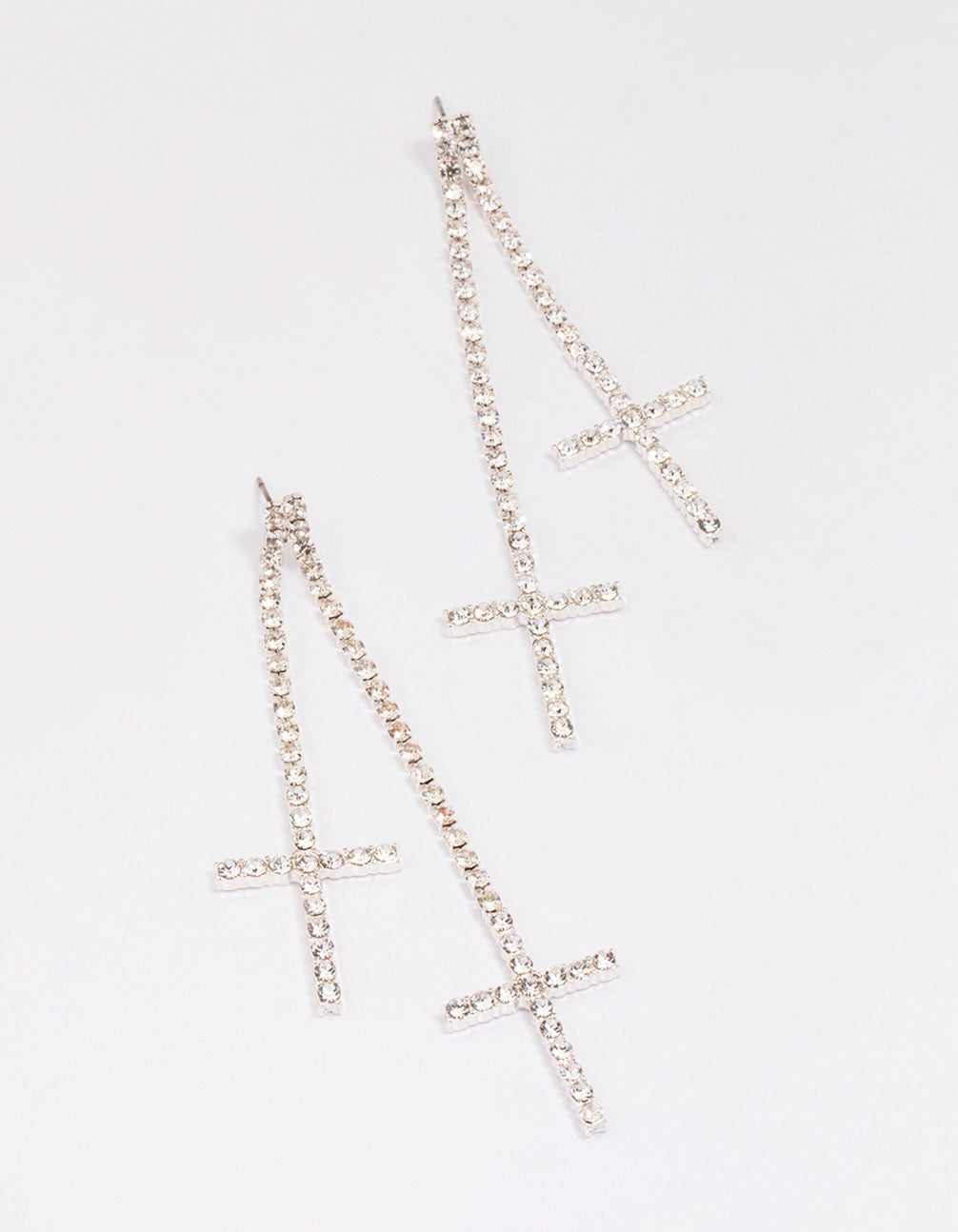 Silver Double Cross Cup Chain Drop Earrings