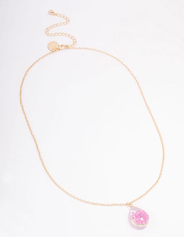 Gold Pink Resin Flower Pendant Necklace