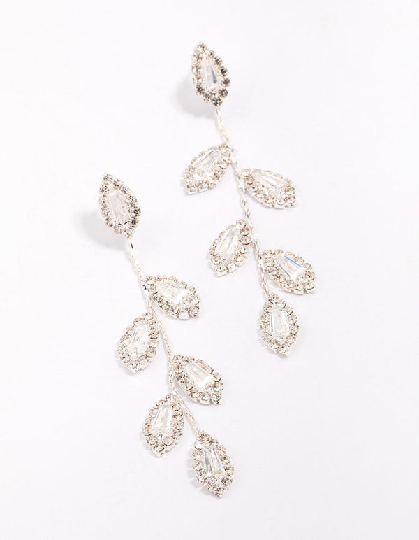 Silver Diamante Leaf Drop Earrings
