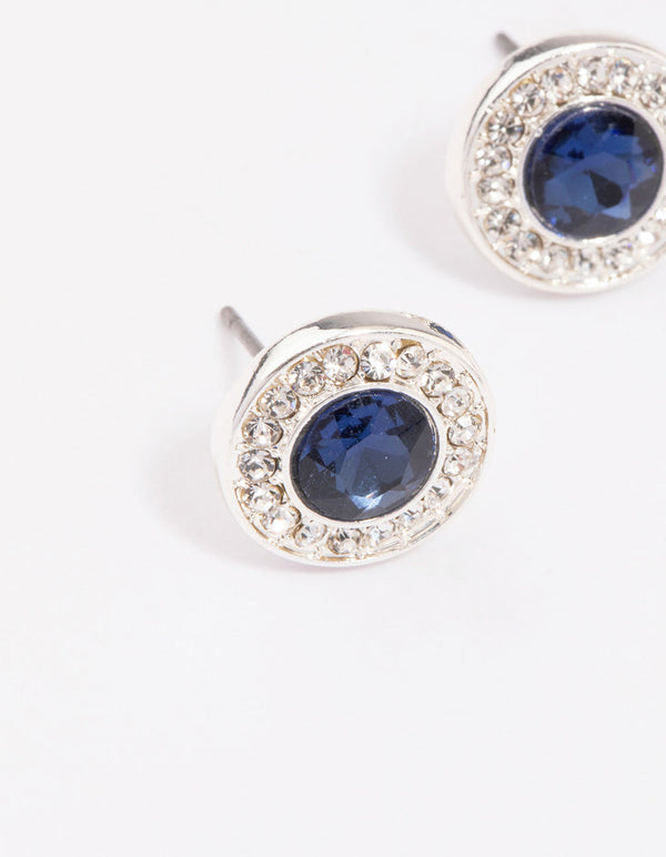 Silver Halo Sapphire Diamante Stud Earrings