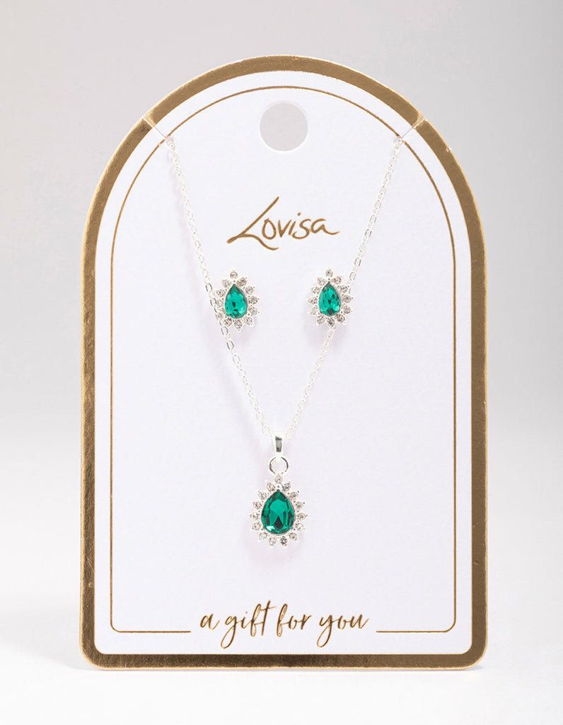 Silver Emerald Teardrop Diamante Jewellery Set Lovisa