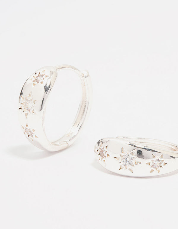 Silver Plated Cubic Zirconia Celestial Huggie Hoop Earrings