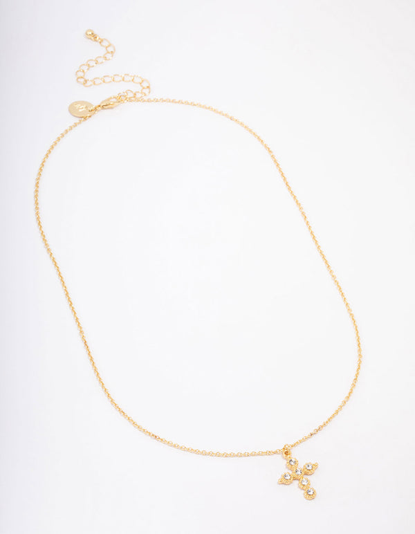 Gold Plated Diamante Round Cross Pendant Necklace