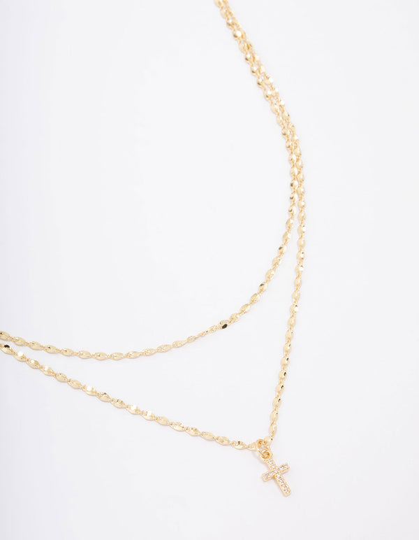Gold Plated Cubic Zirconia Fine Cross Layered Necklace