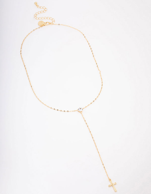 Gold Plated Cubic Zirconia Cross Lariat Necklace