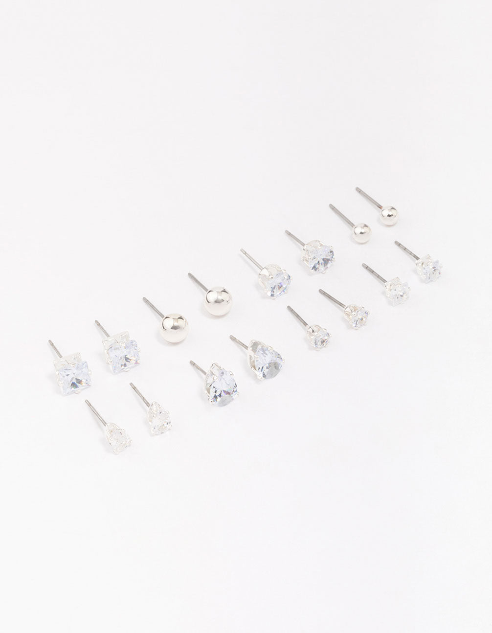 Showcasing a silver mixed diamante shape earring 8-pack stud styles front view