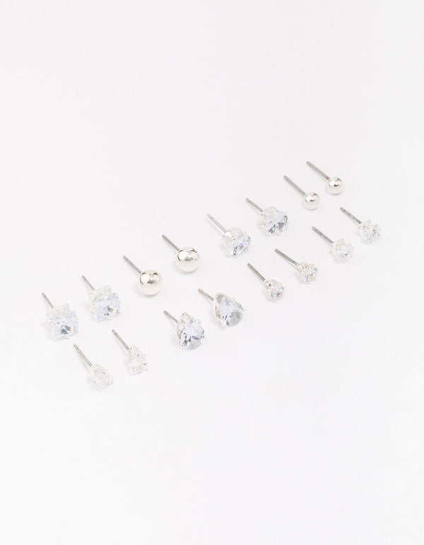 Showcasing a silver mixed diamante shape earring 8-pack stud styles front view