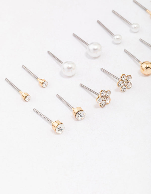 Gold Diamante Flower & Pearl Earring 8-Pack