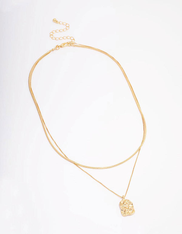 Gold Plated Hammered Rectangular Layered Necklace
