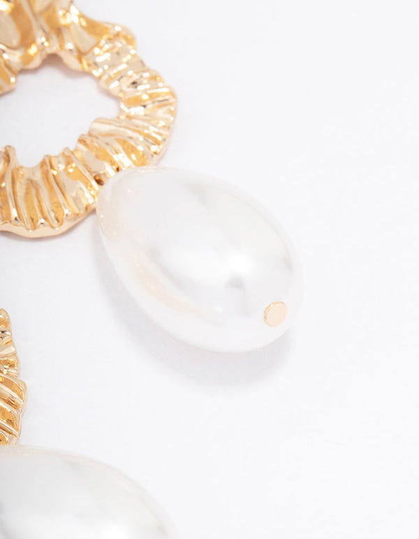 Gold Molten Pearl Drop Earrings