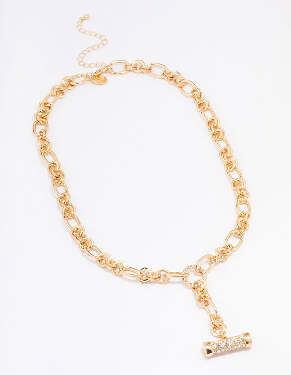 Gold Round Link Diamante Toggle Necklace