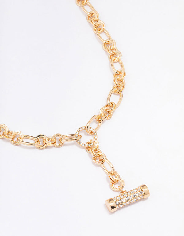 Gold Round Link Diamante Toggle Necklace