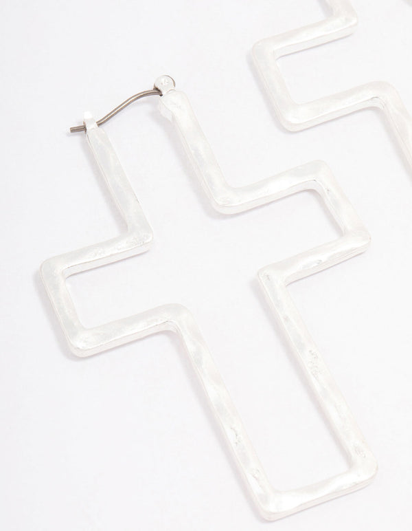 Silver Cross Outline Hoop Earrings